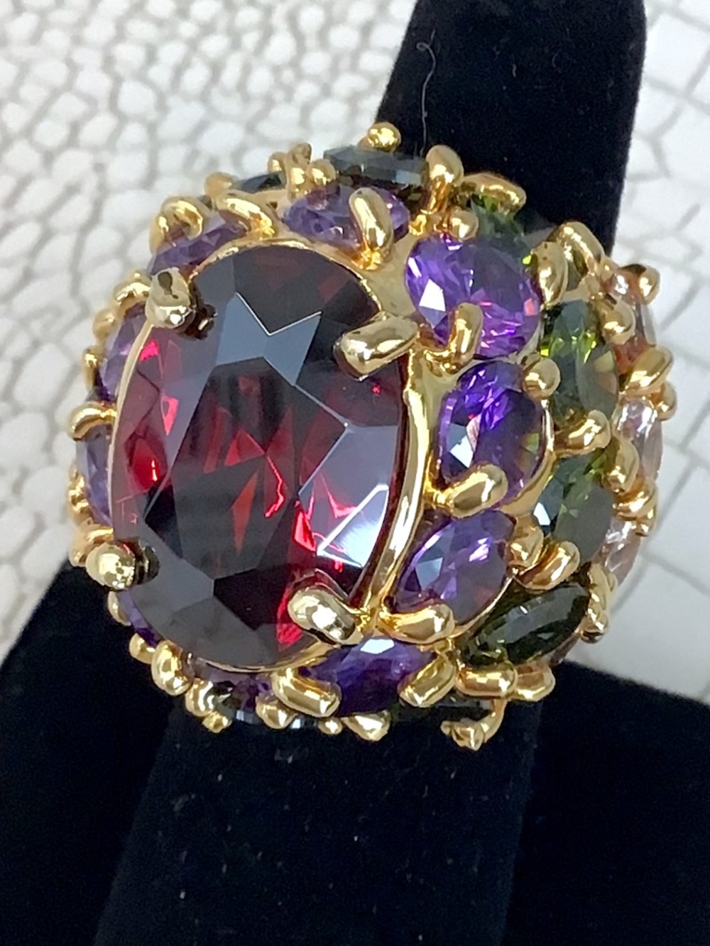 New Rare Stunning Oversized Gold Tone Multicolor Crystal Statement Cocktail Ring